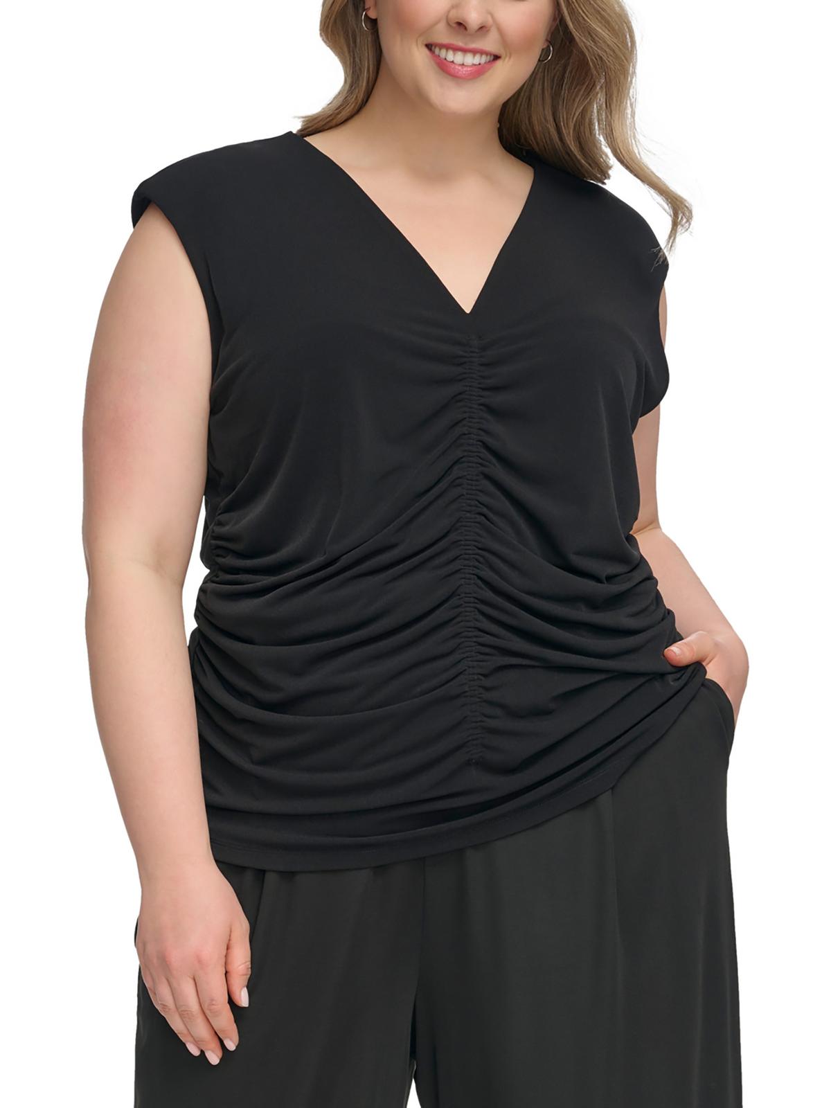 Calvin Klein Womens Plus V-Neck Shirred Pullover Top